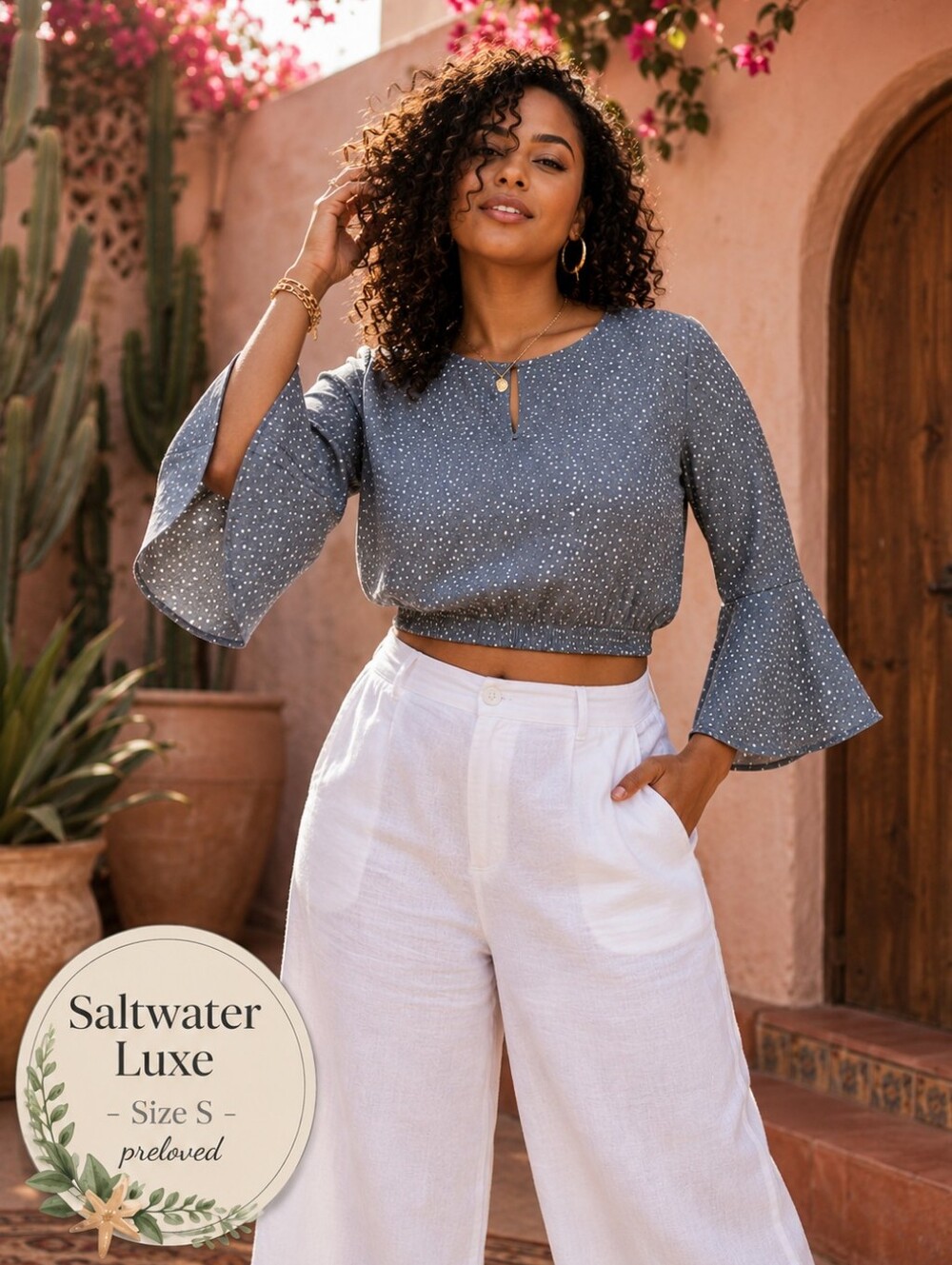 Saltwater Luxe Slate Polka Dot Cropped Blouse Bell Sleeve Size S